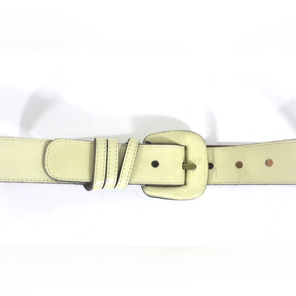 27”-32” 1960’s Vintage Wide Cream Leather Belt with Self Buckle Off White Wide